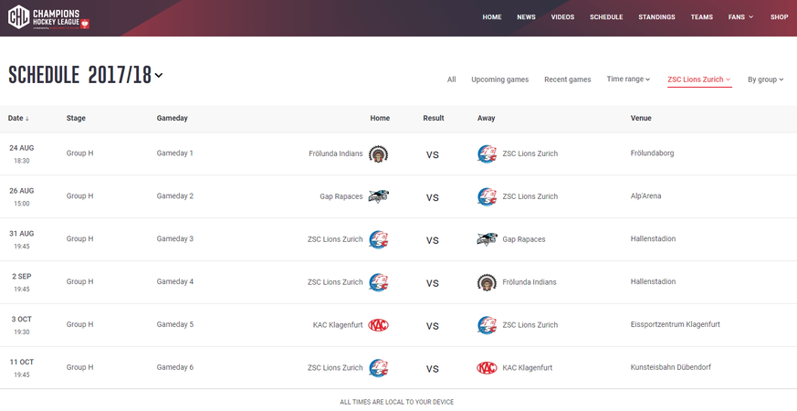 Die Homepage der Champions Hockey League bereitet Freude.