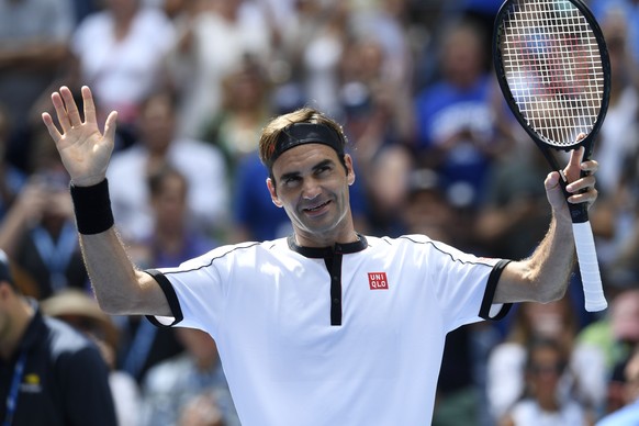 Roger Federer, of Switzerland, acknowledges fans after his 6-2, 6-2, 6-0 win over David Goffin, of Belgium, during the fourth round of the US Open tennis championships Sunday, Sept. 1, 2019, in New Yo ...