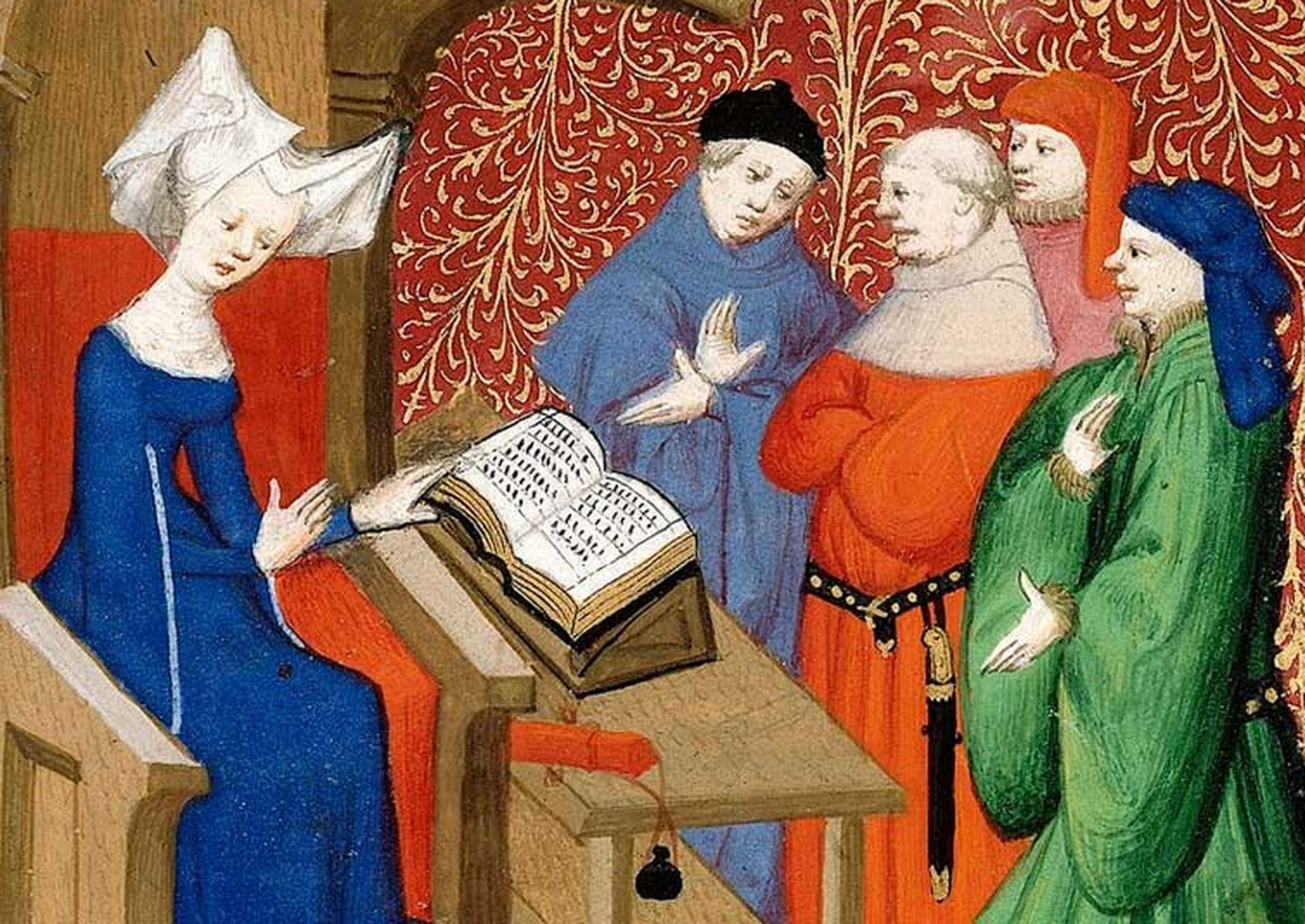 Christine de Pizan (1364 - 1429) liest vor einer Männergruppe.