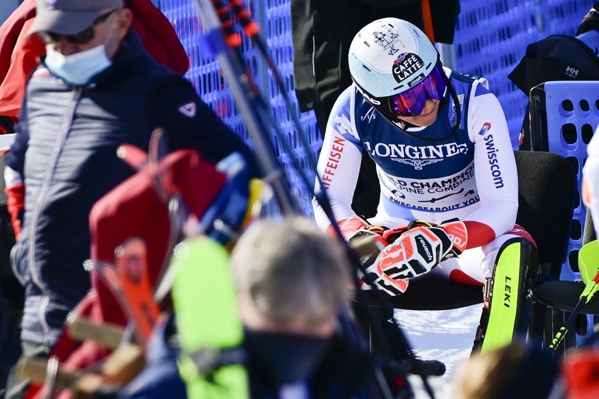 Wendy Holdener of Switzerland reacts in the finish area during the women&#039;s Slalom race of the Alpine Combined at the 2021 FIS Alpine Skiing World Championships in Cortina d&#039;Ampezzo, Italy, M ...