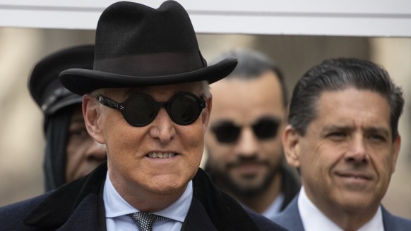 Roger Stone arrives for his sentencing at federal court in Washington, Thursday, Feb. 20, 2020. Roger Stone, a staunch ally of President Donald Trump, faces sentencing on his convictions for witness t ...