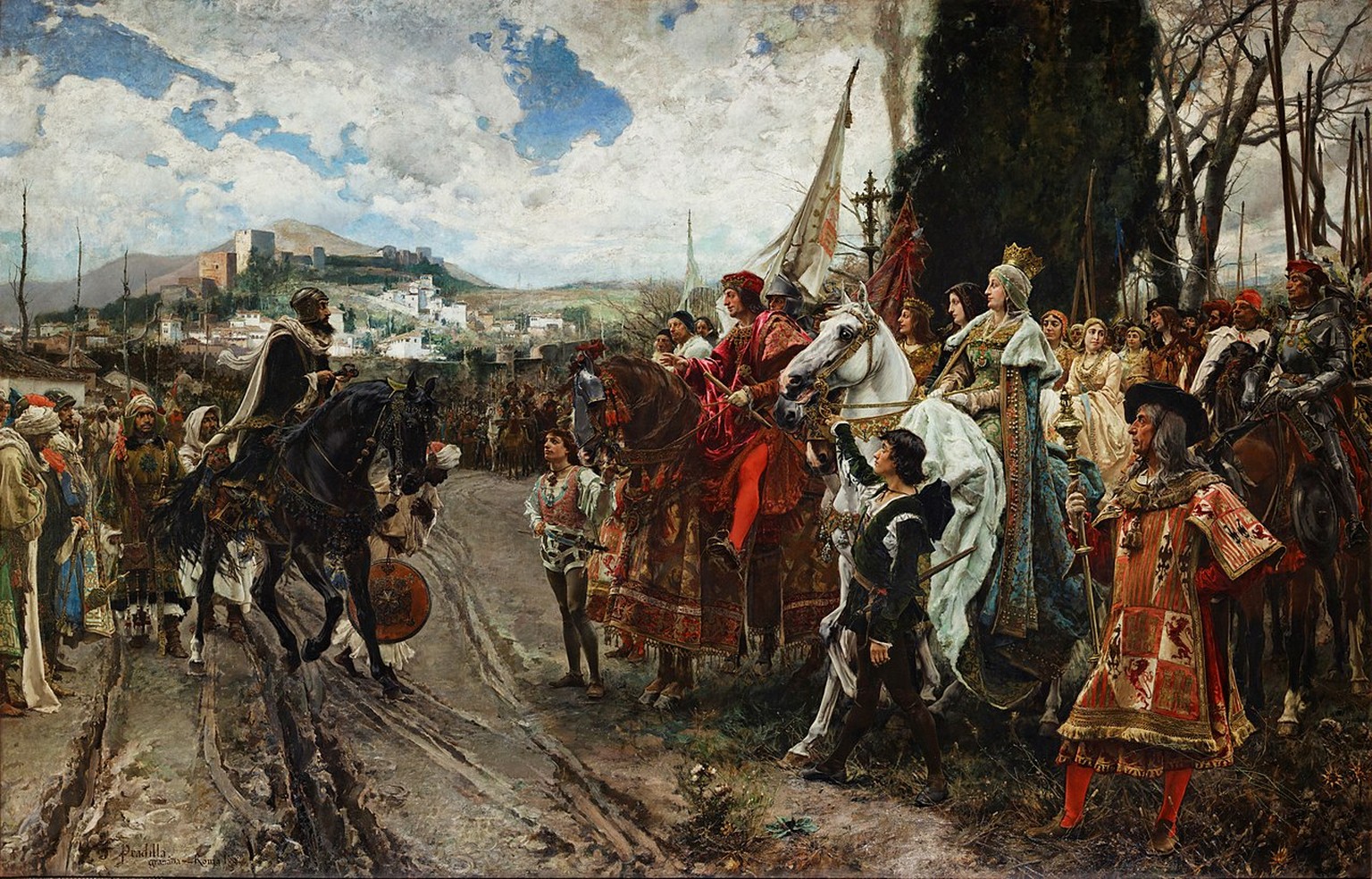 Der Emir von Granada, Muhammad XII (genannt Boabdil), kapituliert vor Ferdinand und Isabella, 1492. Das ist das Ende von al-Andalus. Hier lebten Muslime, Christen und Juden über manche Strecken friedl ...