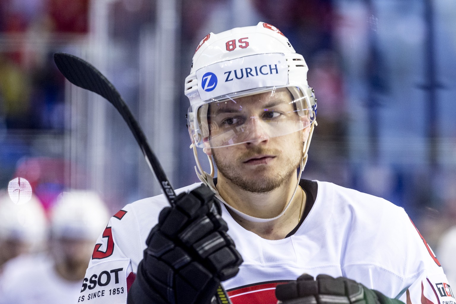 Switzerland`s Sven Andrighetto during the quarter final game between Canada and Switzerland, at the IIHF 2019 World Ice Hockey Championships, at the Steel Arena in Kosice, Slovakia, on Thursday, May 2 ...
