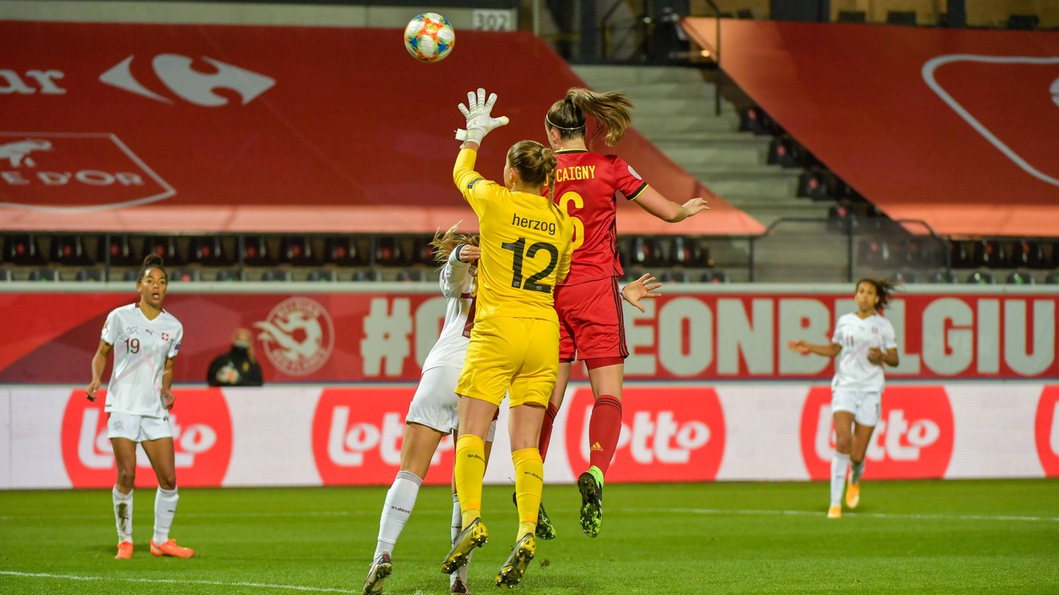 Belgium s Tessa Wullaert celebrates after scoring during a soccer game between Belgium s Red Flames and Switzerland, Tuesday 01 December 2020 in Heverlee, the last qualification game for the women s E ...