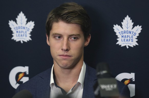 Toronto Maple Leafs&#039; Mitch Marner takes questions from the media during a press conference at the Paradise Double Ice Complex in Paradise, Newfoundland, Saturday, Sept. 14, 2019. Marner and the M ...