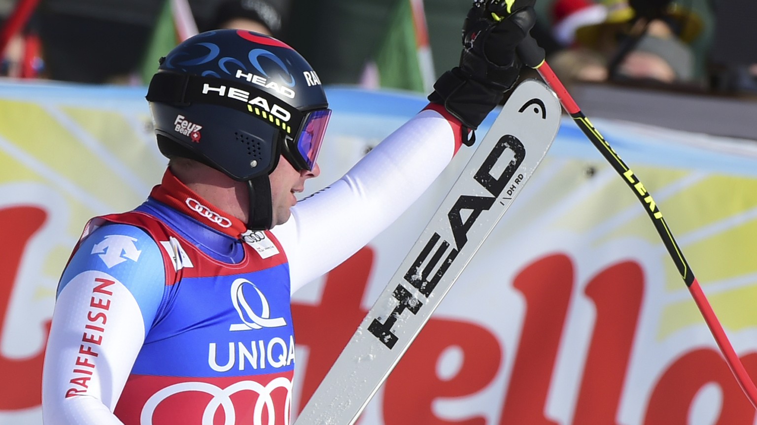 Switzerland&#039;s Beat Feuz reacts at finish line after completing an alpine ski, men&#039;s World Cup downhill, in Saalbach, Austria, Thursday, Feb. 13, 2020. (AP Photo/Marco Tacca)