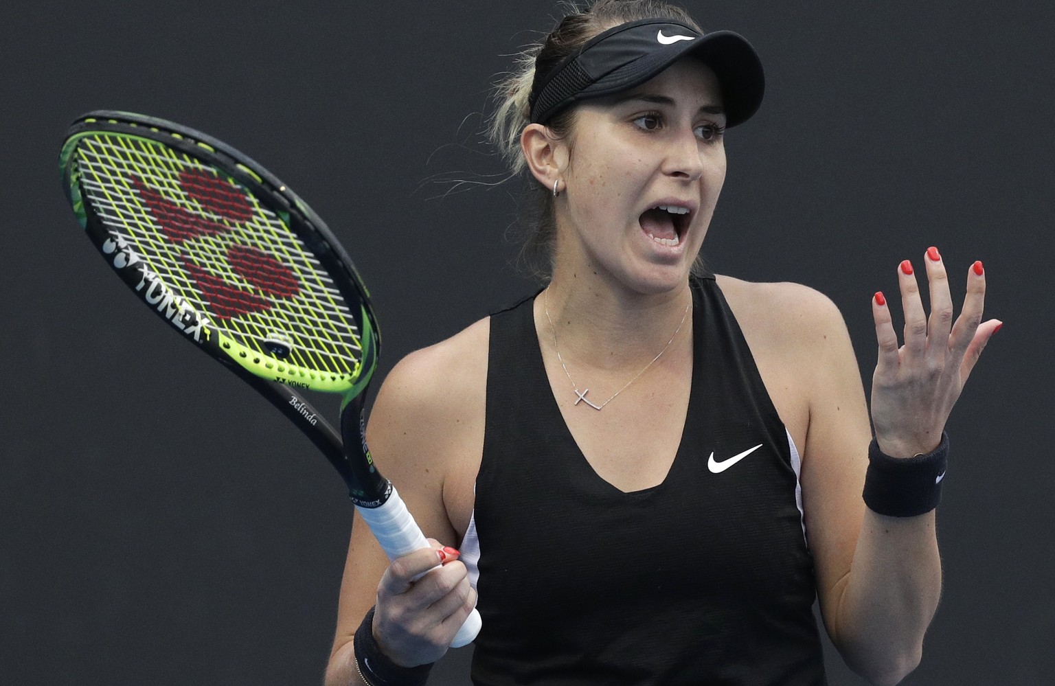 Switzerland&#039;s Belinda Bencic reacts after losing a point to Kazakhstan&#039;s Yulia Putintseva during their second round match at the Australian Open tennis championships in Melbourne, Australia, ...