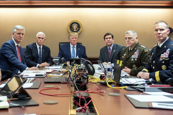 In this photo provided by the White House, President Donald Trump is joined by from left, national security adviser Robert O&#039;Brien, Vice President Mike Pence, Defense Secretary mark Esper, Joint  ...