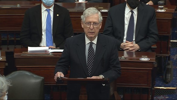 In this image from video, Senate Majority Leader Mitch McConnell of Ky., speaks as the Senate reconvenes after protesters stormed into the U.S. Capitol on Wednesday, Jan. 6, 2021. (Senate Television v ...