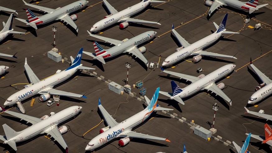 epa08175494 (FILE) - An aerial view of Boeing 737 Max 8 aircraft parked at Boeing Field in Seattle, Washington, USA, 21 July 2019 (reissued 29 January 2020). Boeing on 29 January 2020 published their  ...