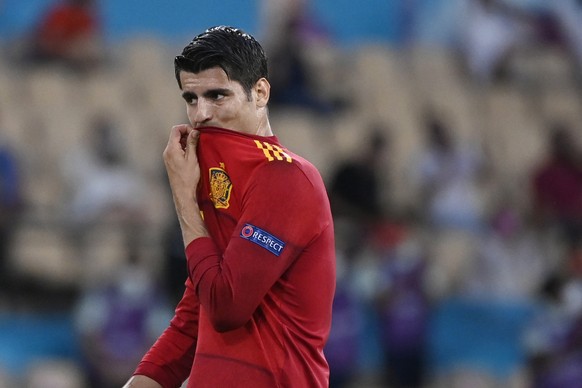 Spain&#039;s Alvaro Morata gestures during the Euro 2020 soccer championship group E match between Spain and Sweden at La Cartuja stadium in Seville, Monday, June 14, 2021. (AP Photo/Pierre Philippe M ...