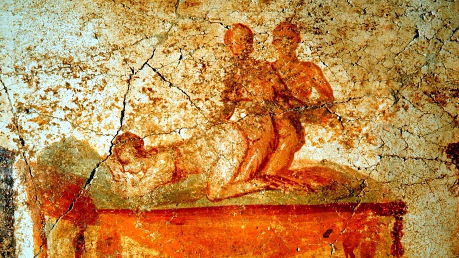 Eines der erotischen Fresken aus dem Bordell des antiken Pompeji.