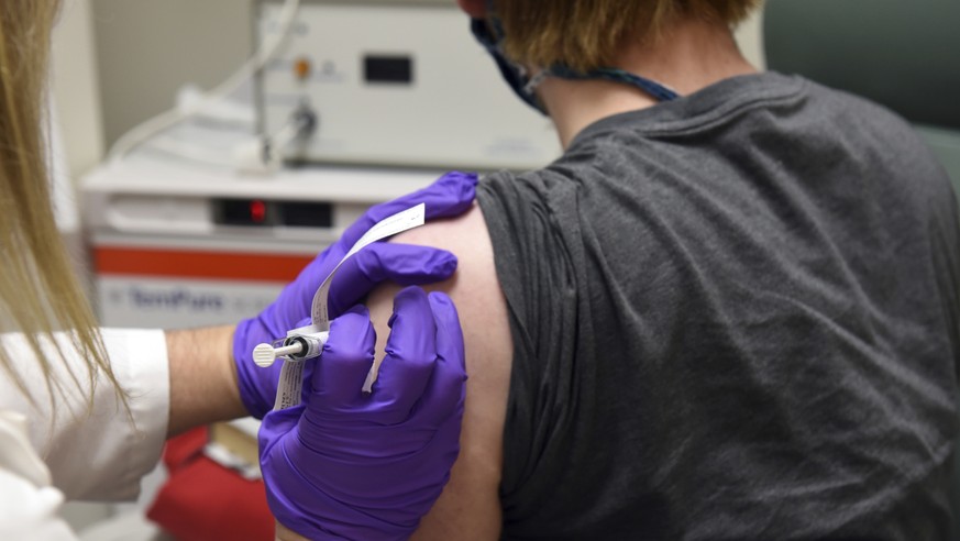 FILE - This May 4, 2020, file photo provided by the University of Maryland School of Medicine, shows the first patient enrolled in Pfizer&#039;s COVID-19 coronavirus vaccine clinical trial at the Univ ...