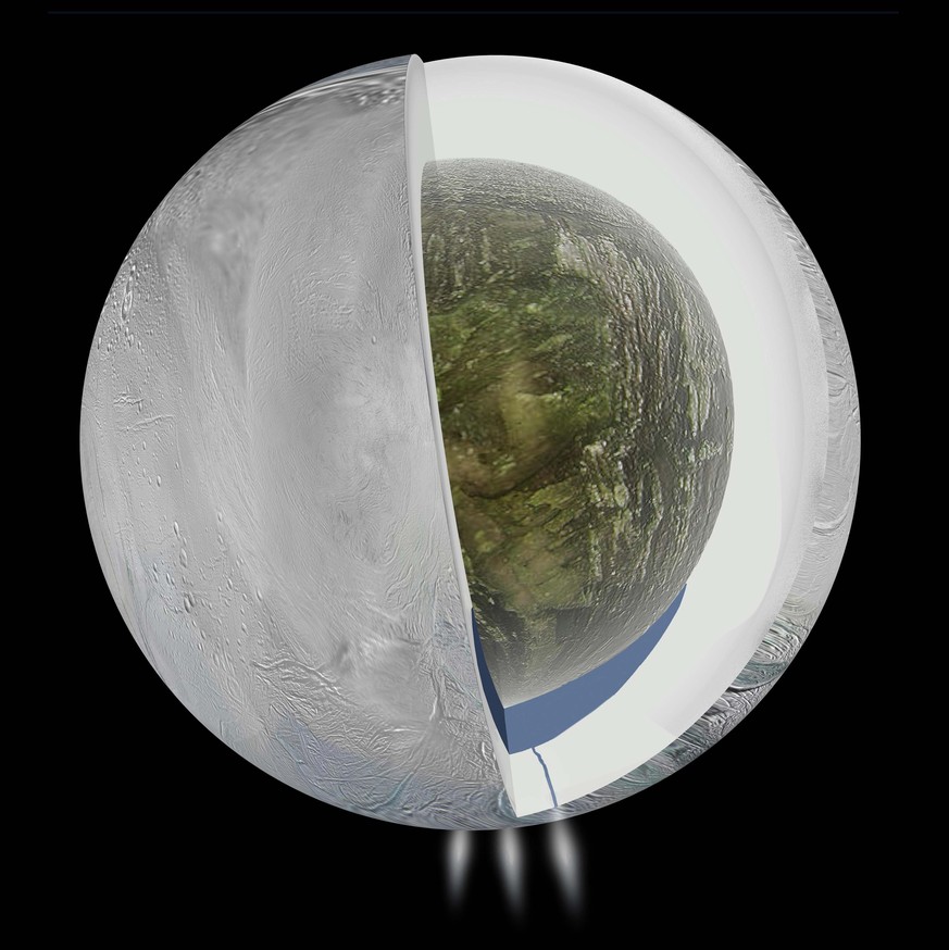 A diagram illustrates the possible interior of Saturn&#039;s moon Enceladus based on a gravity investigation by NASA&#039;s Cassini spacecraft and NASA&#039;s Deep Space Network, courtesy of NASA. The ...