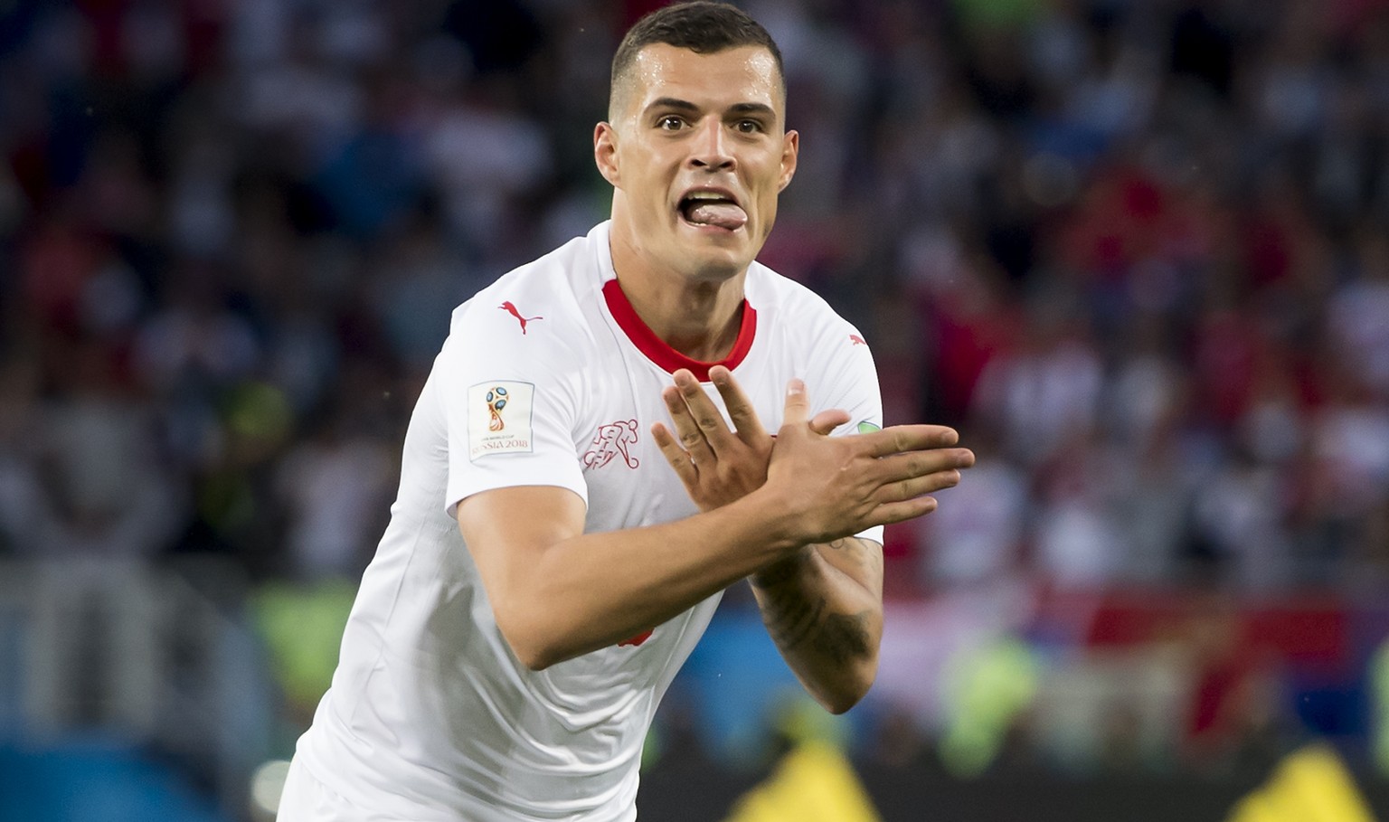 Switzerland&#039;s midfielder Granit Xhaka, celebrates after scoring a goal during the FIFA World Cup 2018 group E preliminary round soccer match between Switzerland and Serbia at the Arena Baltika St ...