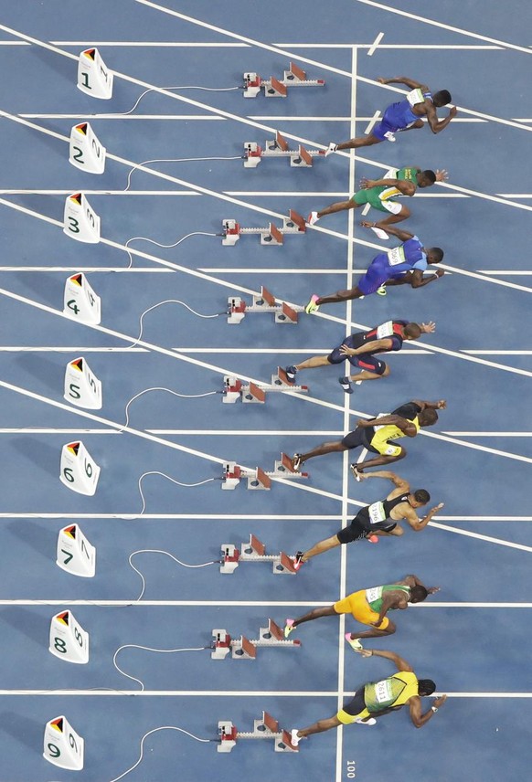 Der Start zum 100-Meter-Final der Männer 2016 in Rio.