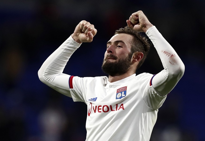 epa08250900 Lucas Tousart of Olympique Lyon celebrates after winning against Juventus the UEFA Champions League round of 16 first leg soccer match between Olympique Lyon and Juventus FC in Lyon, Franc ...