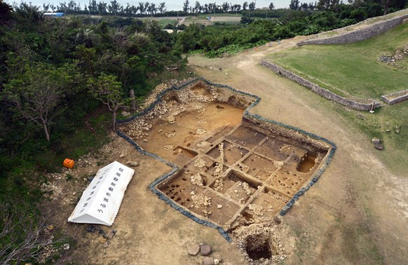 epa05561844 An undated handout photograph provided by the education board of Uruma city on 29 September 2016 shows the excavation site where ancient Roman coins were discovered in the ruins of the Kat ...