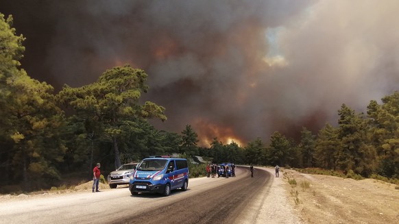 Paramilitary police officers and people watch as a wildfire fanned by strong winds rage near the Mediterranean coastal town of Manavgat, Antalya, Turkey, Wednesday, July 28, 2021. Authorities evacuate ...