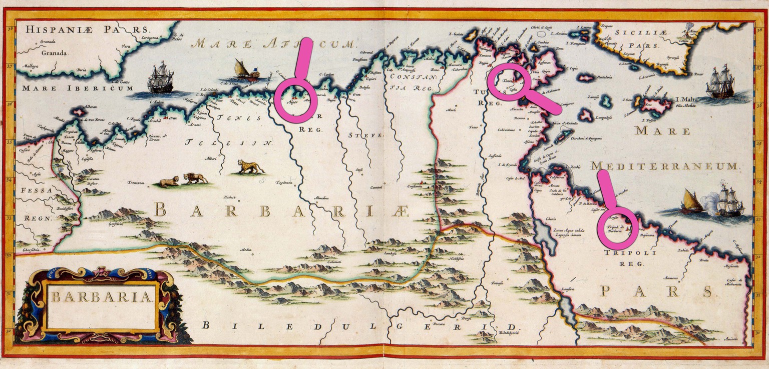 Die «Barbarenküste» mit den wichtigsten Barbareskenstaaten Algier, Tunis und Tripolis. Die Karte ist vom dänischen Kartographen Jan Janssonius, 17. Jahrhundert.