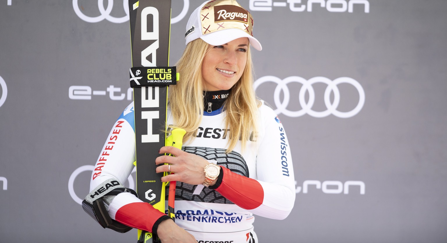 epa07321414 Third placed Lara Gut-Behrami of Switzerland celebrates on the podium for the Women&#039;s Super-G at the FIS Alpine Ski World Cup season in Garmisch-Partenkirchen, Germany, 26 January 201 ...