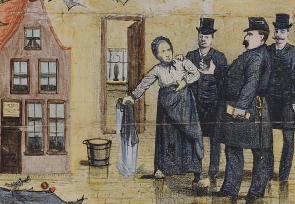 Maria Catharina Swanenburg (Goeie Mie), Giftmischerin von Leiden, bei ihrer Verhaftung, Ausschnitt aus dem Poster De Leidsche Giftmengster (1885)