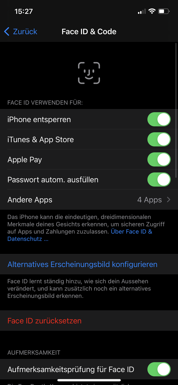 iPhone-Screenshot zu Face-ID-Einstellungen