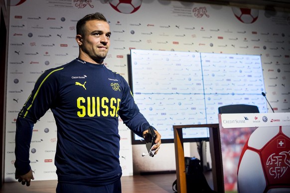 Switzerland&#039;s midfielder Xherdan Shaqiri reacts during a press conference after a training session of the UEFA Nations League at the PortoGaia training center, in Crestuma, near Porto, Portugal,  ...