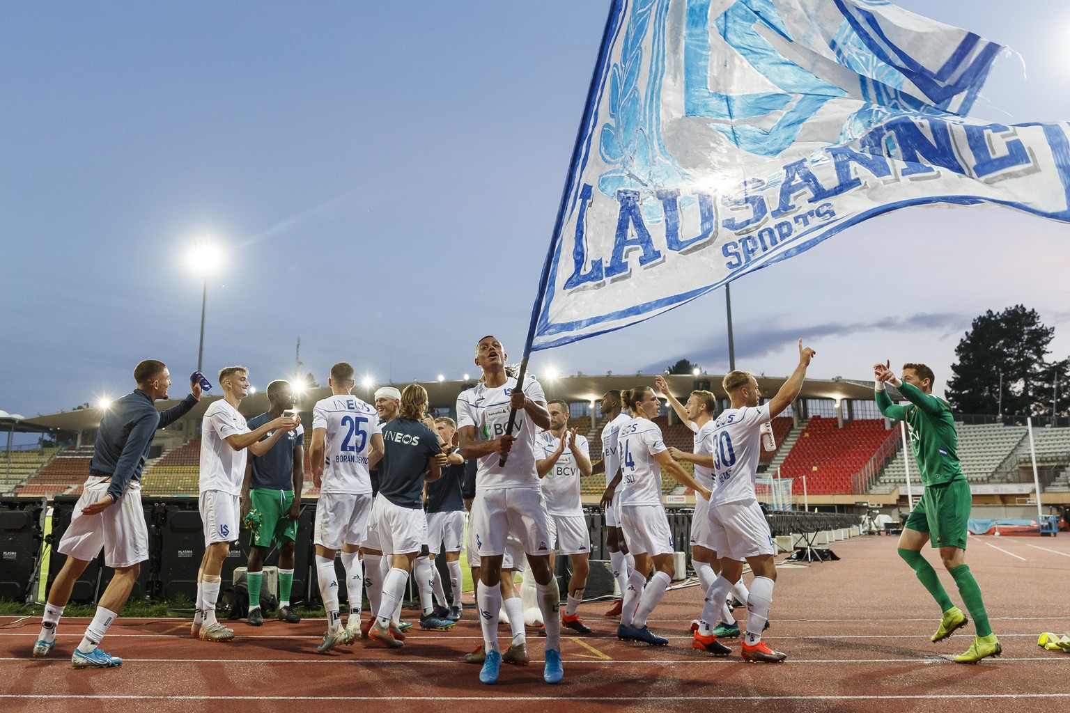 La joie du FC Lausanne-sport, lors de la rencontre de football du 1/16eme de finale de l&#039;Helvetia Coupe Suisse entre le FC Lausanne-Sport et le FC Lugano ce samedi, 14 septembre 2019 au stade oly ...