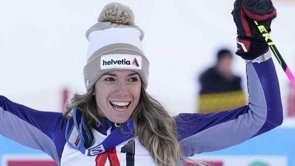 CORRECTS PLACEMENT OF THE ATHLETE FROM SECOND TO THIRD - Third placed Italy&#039;s Marta Bassino celebrates at the end of an alpine ski, women&#039;s World Cup Women&#039;s Alpine Combined, in Altenma ...