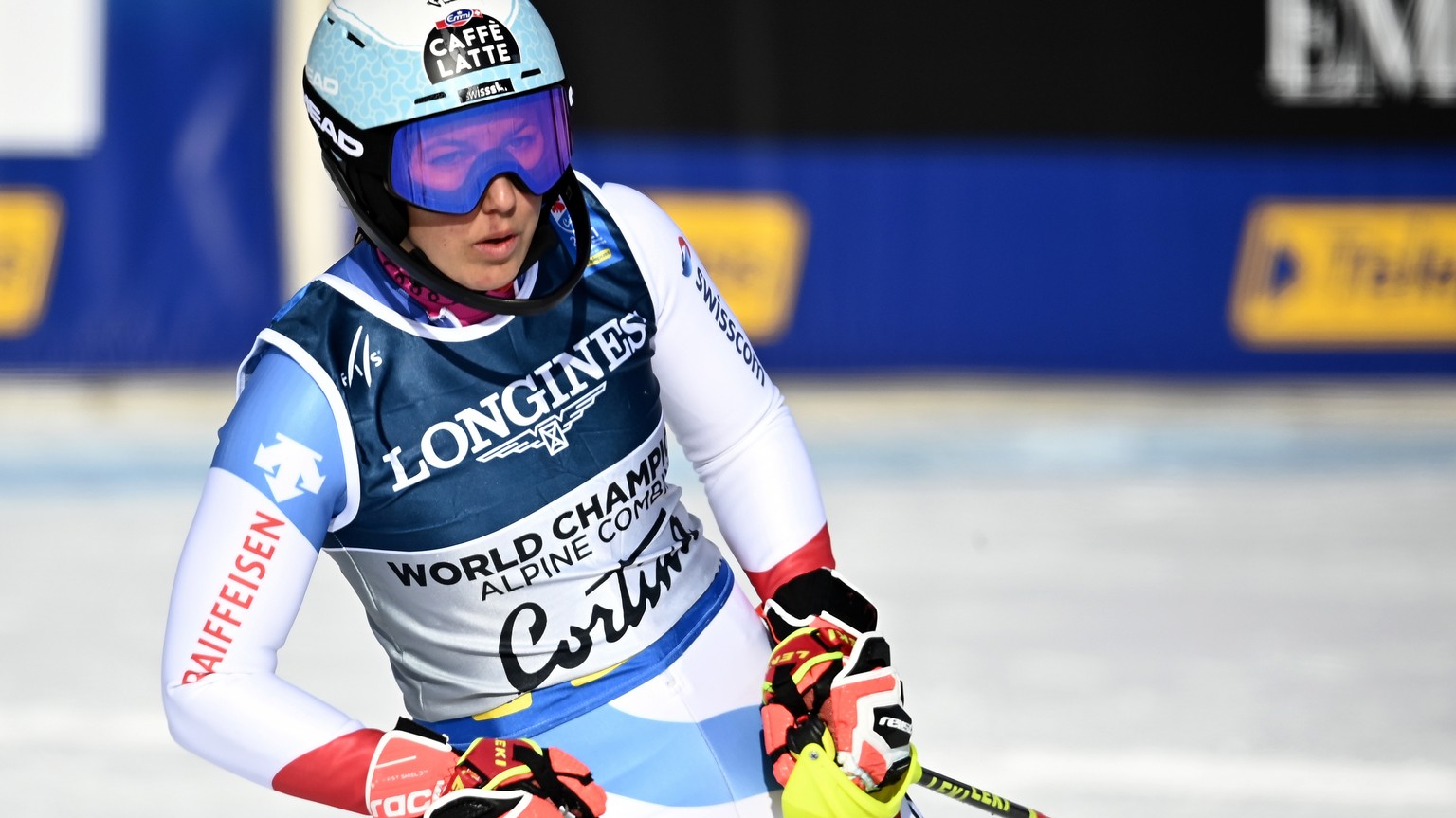 epa09014336 Wendy Holdener of Switzerland reacts in the finish area during the Slalom portion of the Women&#039;s Alpine Combined competition at the FIS Alpine Skiing World Championships in Cortina d& ...