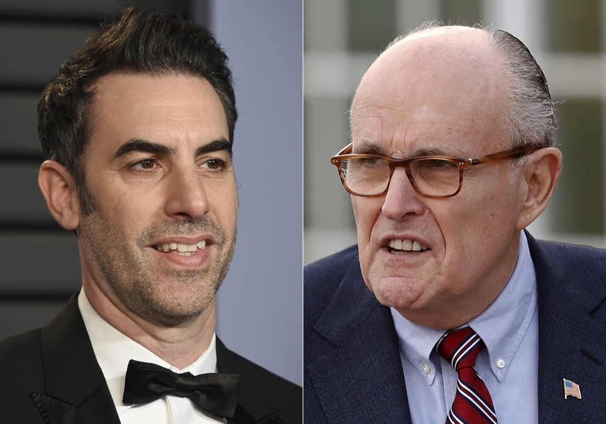 Sacha Baron Cohen arrives at the Vanity Fair Oscar Party in Beverly Hills, Calif., on March 4, 2018, left, and former New York Mayor Rudy Giuliani at the Trump National Golf Club Bedminster clubhouse  ...