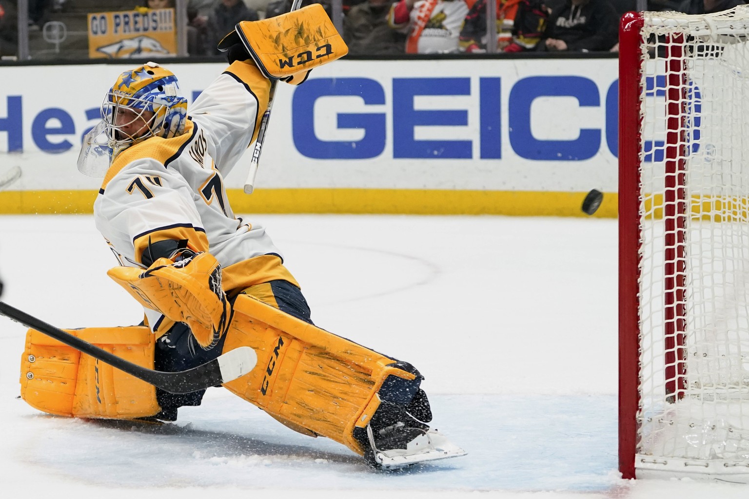 Nashville Predators goaltender Juuse Saros fails to block a goal by Anaheim Ducks right wing Daniel Sprong during the second period of an NHL hockey game in Anaheim, Calif., Sunday, Jan. 5, 2020. (AP  ...