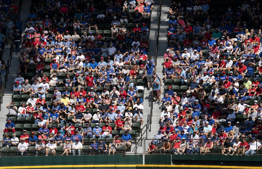 Fans fill the stands at Globe Life Field during the first inning of a baseball game between the Texas Rangers and the Toronto Blue Jays, Monday, April 5, 2021, in Arlington, Texas. The Rangers are set ...