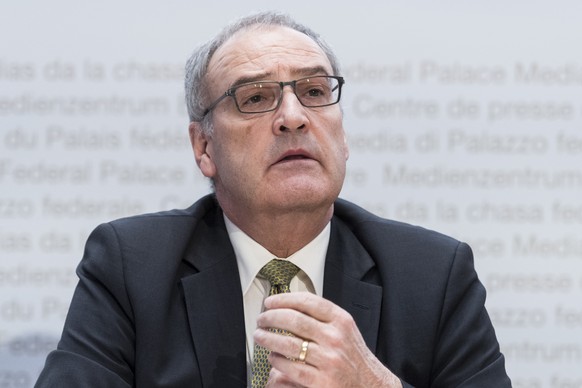 Swiss Federal councillor Guy Parmelin briefs the media about the latest measures to fight the Covid-19 Coronavirus pandemic, on Friday, March 13, 2020 in Bern, Switzerland. (KEYSTONE/Alessandro della  ...