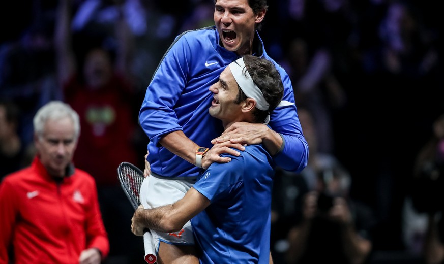 epa06262743 YEARENDER 2017 SEPTEMBER 
Switzerland&#039;s Roger Federer (down) and Spain&#039;s Rafael Nadal of the Team Europe celebrate after winning the Laver Cup tennis tournament in Prague, Czech ...