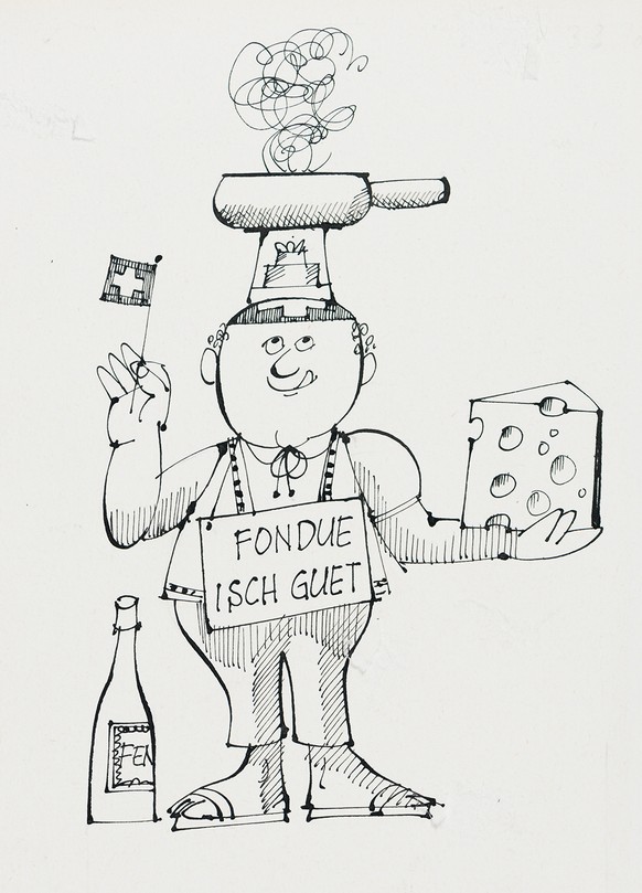 Handzeichnung «Fondue isch guet» des Schweizer Cartoonisten, Illustrators und Grafikers Jules Stauber (1920-2008).