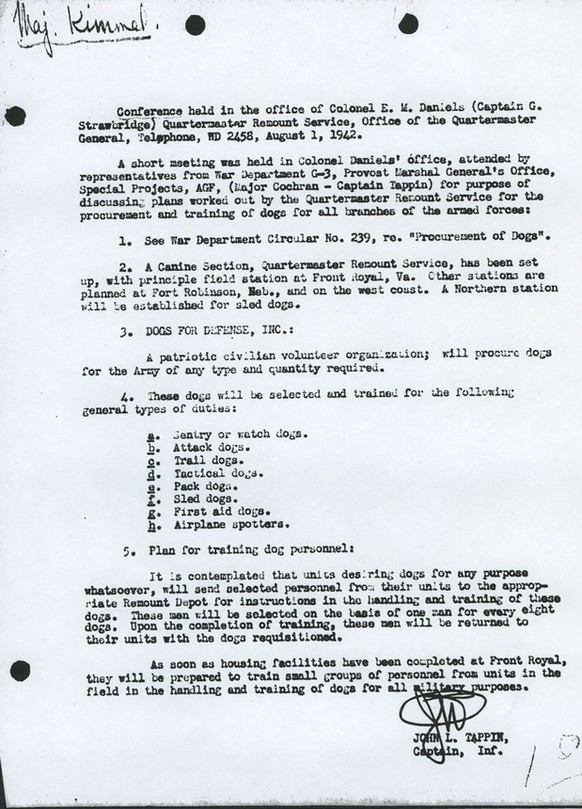 Details zum Hundetrainingsplan der Streitkräfte. Beide Dokumente finden sich in den freigegebenen «Cat Island»-Akten des Nationalarchivs in Washington, D.C.
