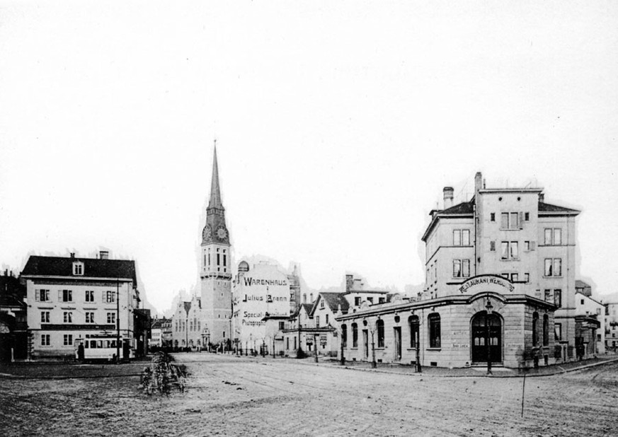 Stauffacherstrasse Ecke Hallwylstrasse 1910: rechts im Bild das ehemalige Restaurant Werdburg.