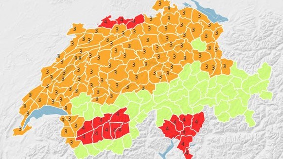 In der Region Basel, im zentralen Wallis und im Tessin herrscht grosse Gefahr (4), im Mittelland und in der Westschweiz erhebliche Gefahr (3).