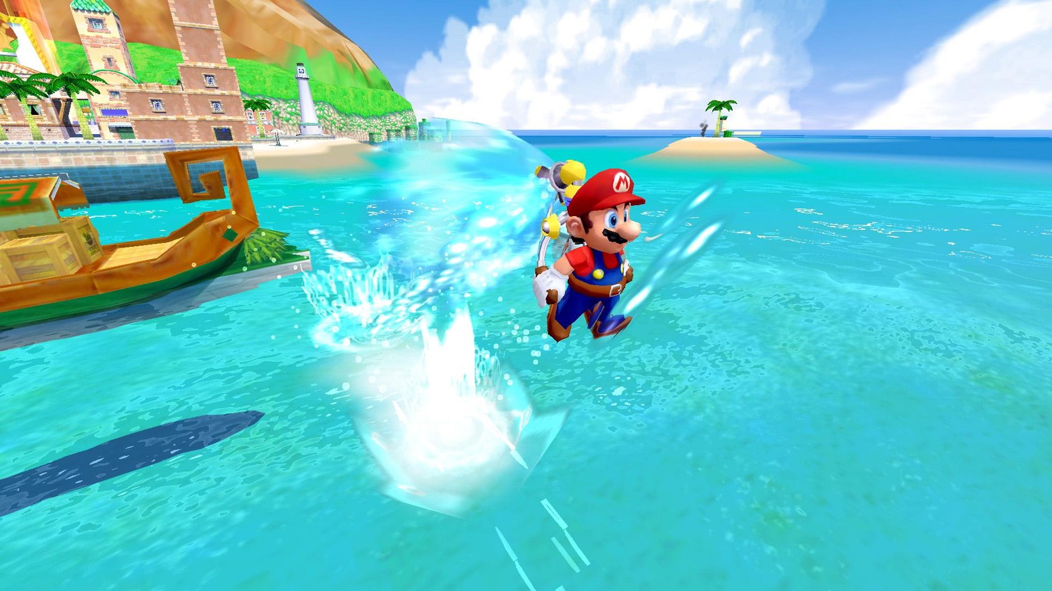 In «Super Mario Sunshine» hüpft und spritzt unser Hüpferich auf einer Insel herum.