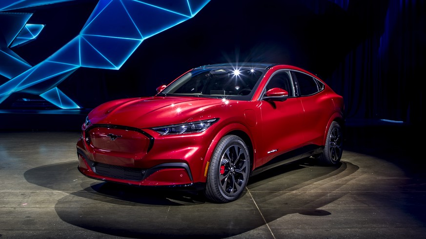 epa08006213 A handout photo made available 18 November 2018 by US car manufacturer Ford, showing the Mustang Mach-E, Ford&#039;s first ever all-electric SUV during its presentation in Los Angeles, USA ...