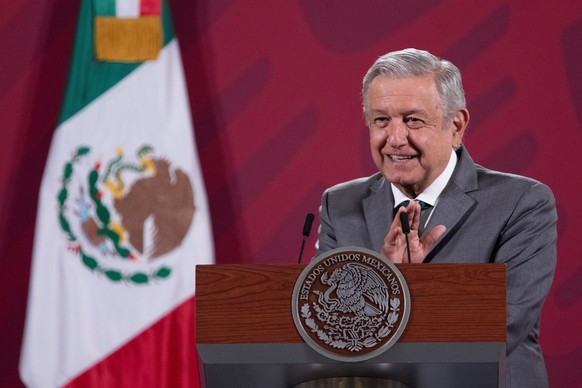 epa08795939 A handout photograph made available by Presidency of Mexico, shows Mexican President Andres Manuel Lopez Obrador, during a press conference in Mexico City, Mexico, 03 November 2020. Lopez  ...