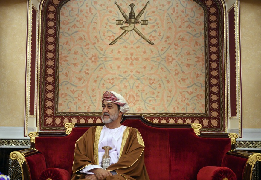 FILE - In this Feb. 21, 2020 file photo, Oman&#039;s ruler Sultan Haitham bin Tariq prepares for a meeting at al-Alam palace in the capital Muscat, Oman. The sultan announced Monday, Jan. 11, 2021, a  ...