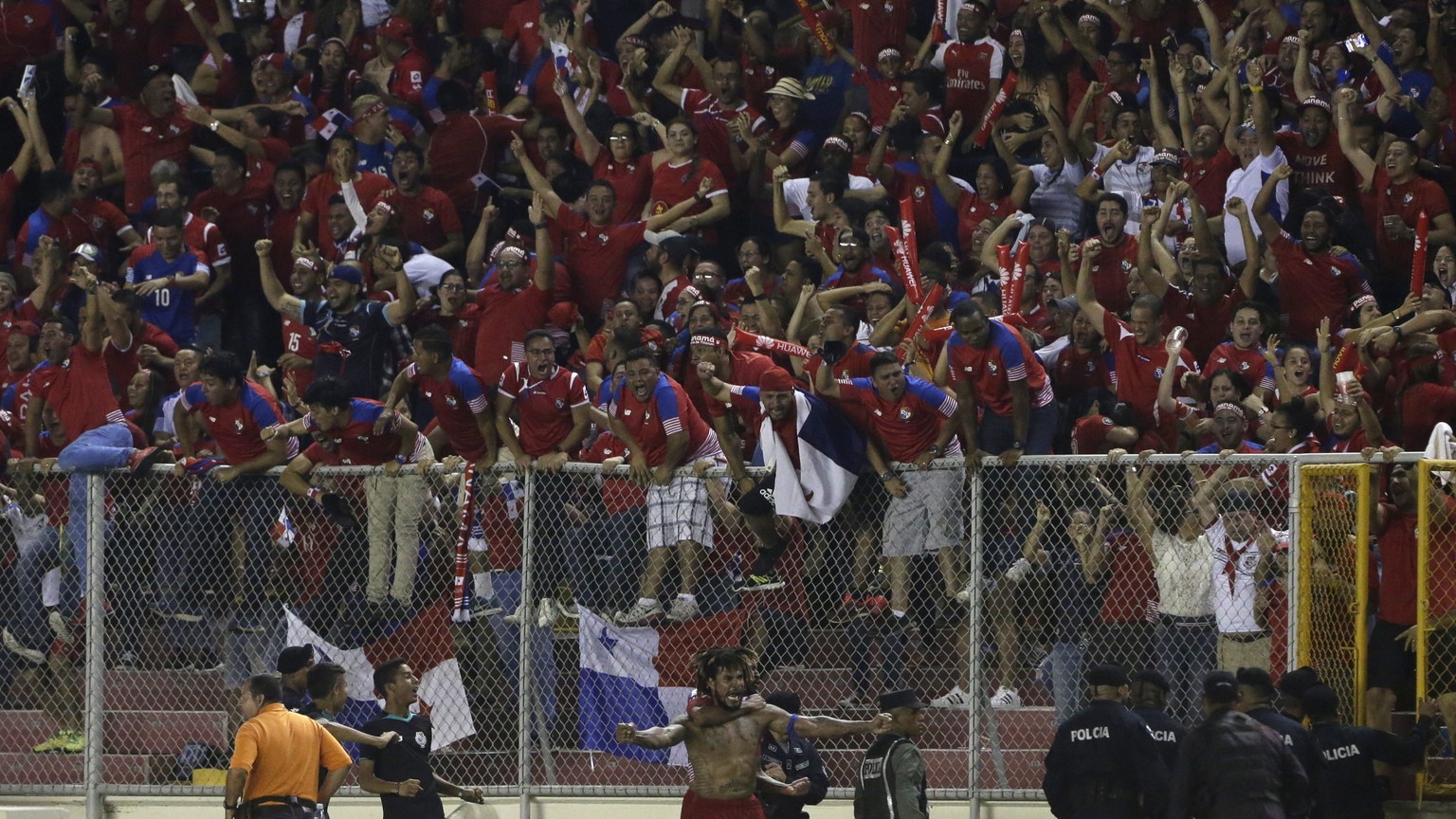 Panama&#039;s Roman Torres, below, celebrates his goal against Costa Rica at a 2018 Russia World Cup qualifying soccer match in Panama City, Tuesday, Oct. 10, 2017. (AP Photo/Arnulfo Franco)