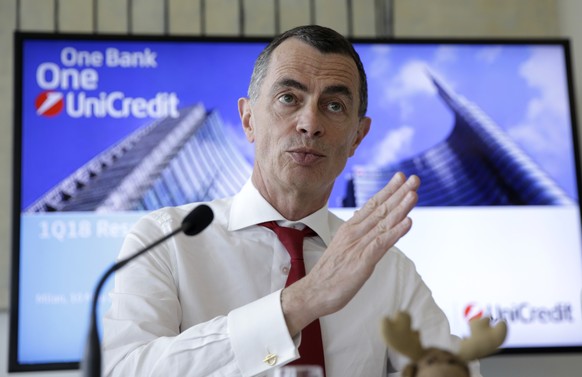 UniCredit Bank CEO Jean Pierre Mustier speaks during a press conference in Milan, Italy, Thursday, May 10, 2018. Shares in Italian bank UniCredit sank 7% on Tuesday, Dec. 1, 2020 after the bank announ ...