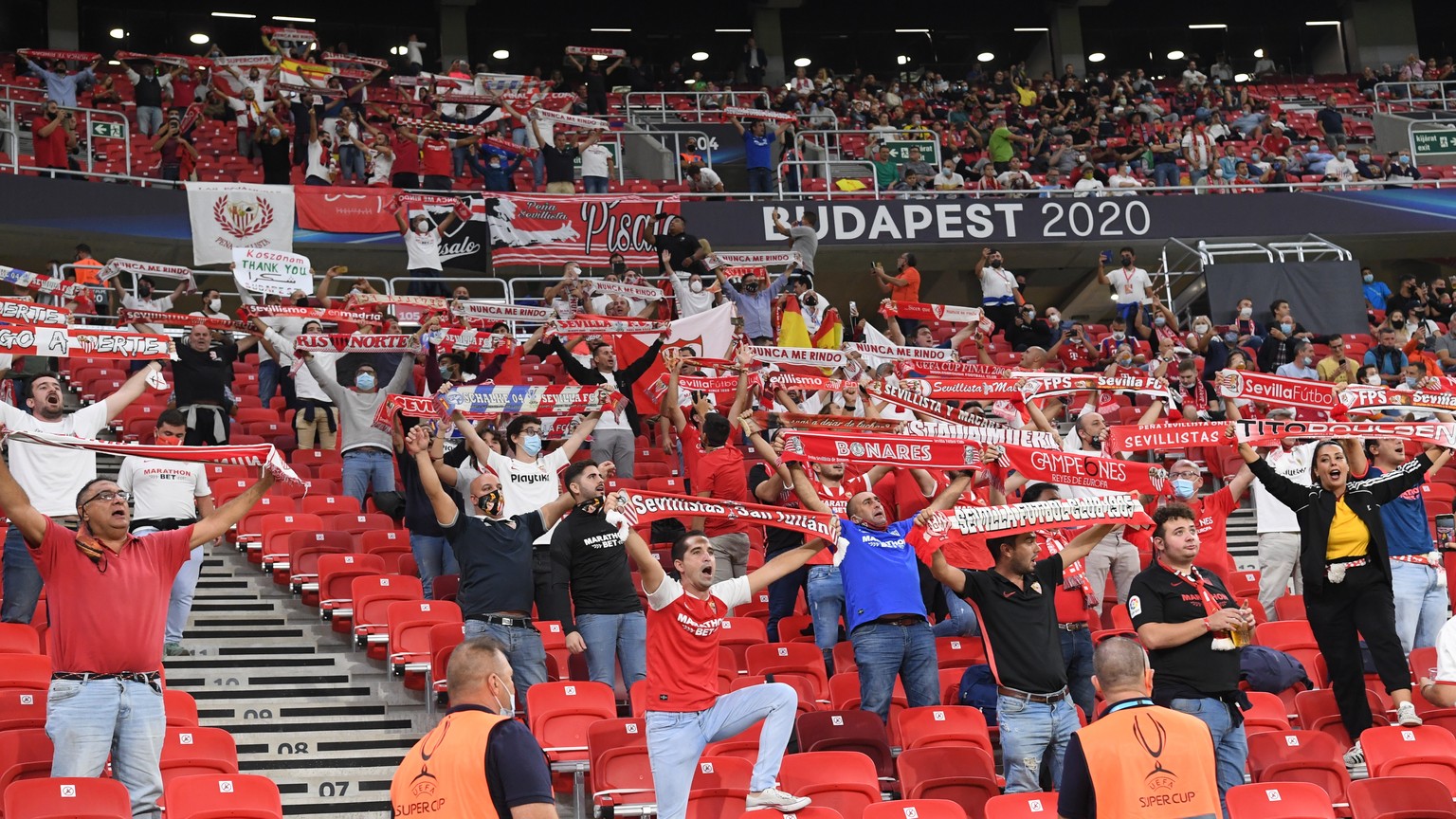 during the UEFA Super Cup soccer match between Bayern Munich and Sevilla at the Puskas Arena in Budapest, Hungary, Thursday, Sept. 24, 2020. (Tibor Ilyes/Pool via AP)