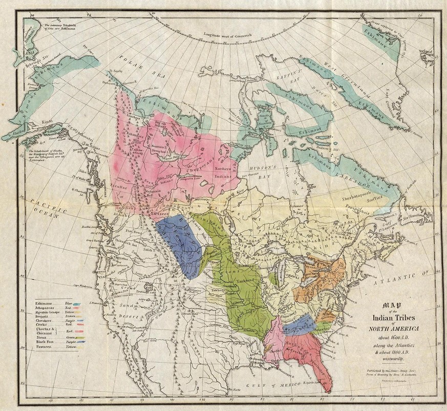 Gallatins Karte der Einflussbereiche von Nordamerikanischen Ureinwohnerstämmen um 1600. Erstellt um 1836.
https://commons.wikimedia.org/wiki/File:First_Nation_Control_over_North_America_about_1600_AD. ...