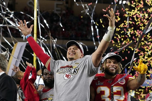 FILE - In this Feb. 2, 2020, file photo, Kansas City Chiefs&#039; Patrick Mahomes, left, and Tyrann Mathieu celebrate after defeating the San Francisco 49ers in the NFL Super Bowl 54 football game in  ...