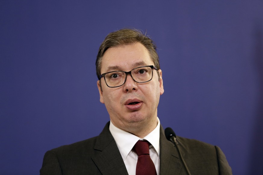 epa08885674 Serbian President Aleksandar Vucic talks during the press conference with Russian Foreign Minister Sergei Lavrov (not pictured) during their press conference in Belgrade, Serbia, 15 Decemb ...